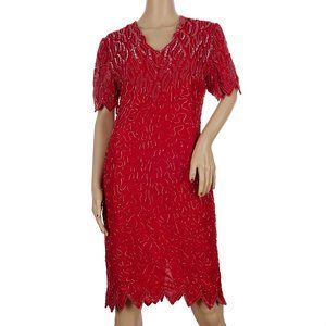 Vintage Laurence Kazar 100% Silk Red Beaded Sequin Dress Women's Small